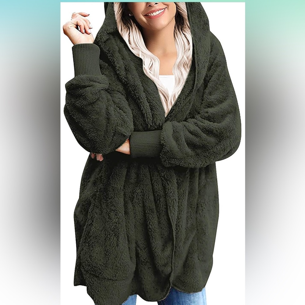 Womens Fuzzy Fleece Open Front Hooded Cardigan Jackets Sherpa Coats with Pockets